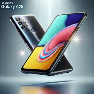 "Imagen 3D del smartphone Samsung Galaxy A25 mostrando su pantalla frontal y diseño posterior elegante."