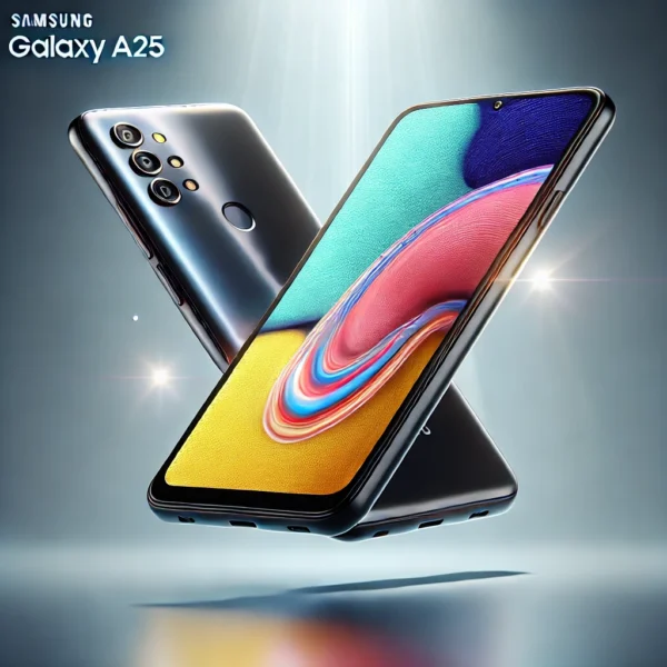"Imagen 3D del smartphone Samsung Galaxy A25 mostrando su pantalla frontal y diseño posterior elegante."