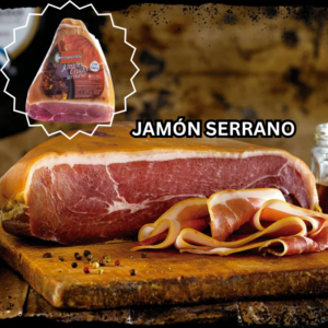 Jamón serrano curado sin hueso sobre tabla de madera con lonjas, marca Cosa de Pueblo